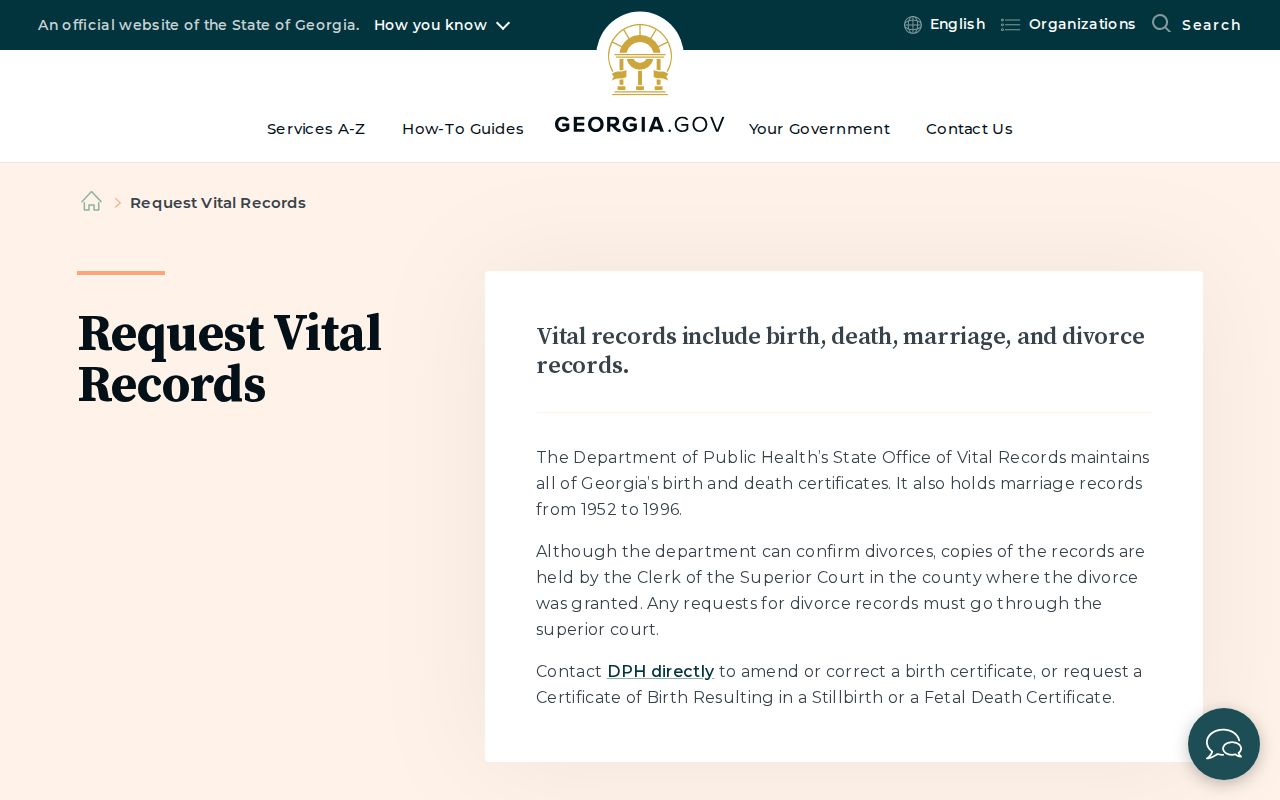 Georgia resident lookup guidance showing vital-record eligibility, fees, identification, and delivery routes