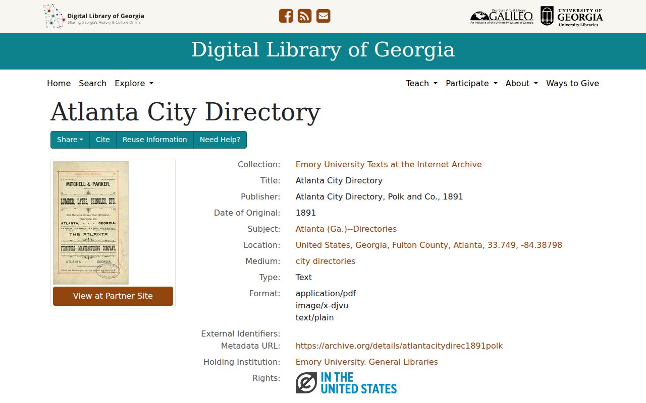 Georgia city directory item metadata and digitized pages for the 1891 Atlanta volume
