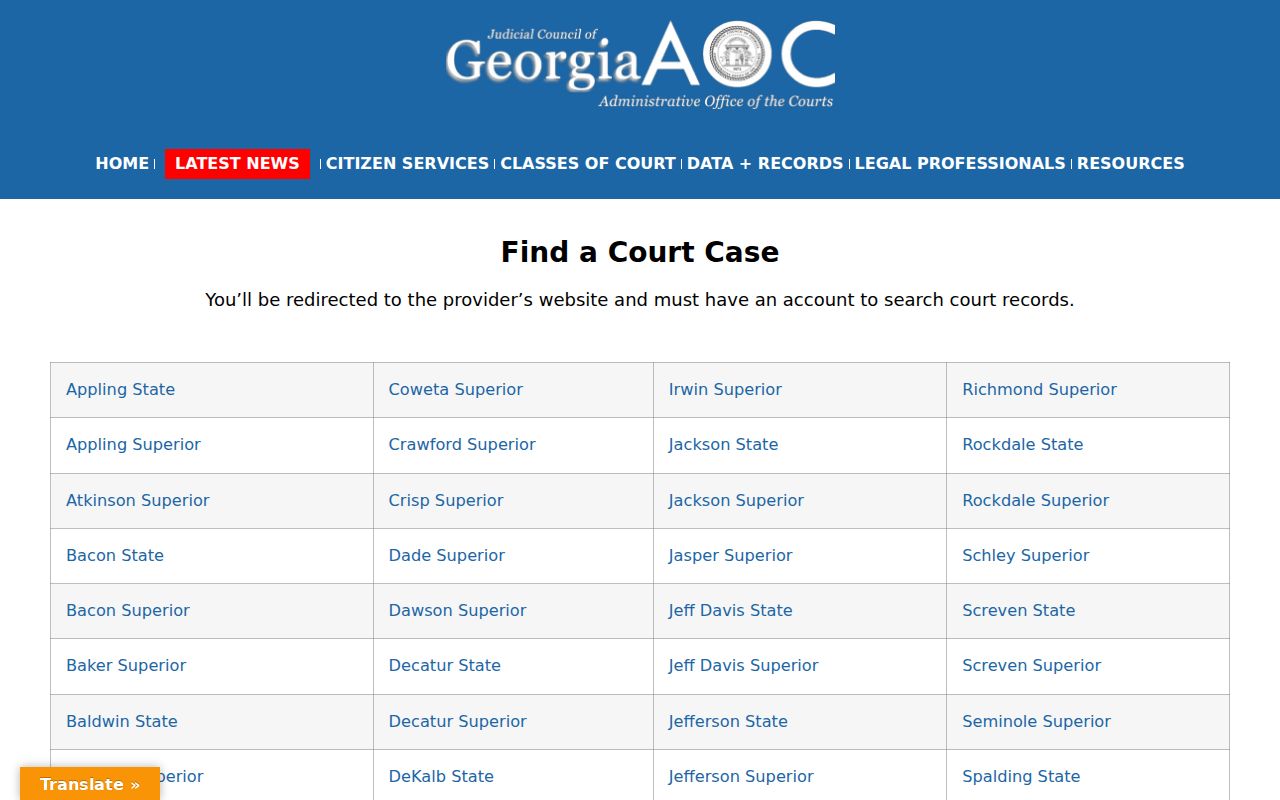 Georgia resident lookup using the Georgia Courts eAccess provider and case search screen