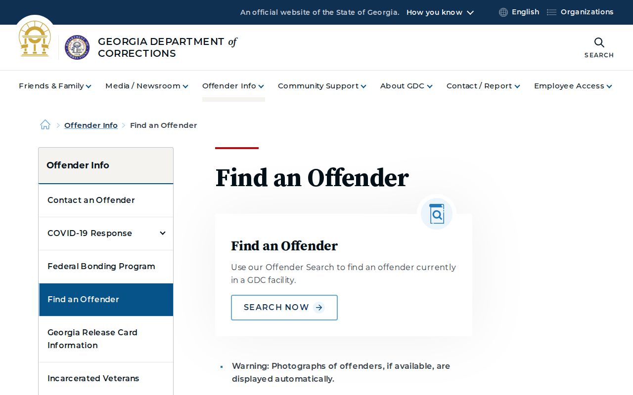 Georgia resident lookup using the Department of Corrections name, ID, and case search fields
