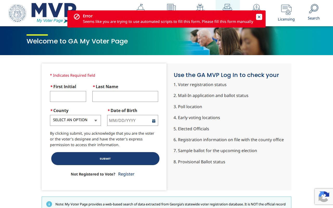 Georgia residents directory reference to the dynamic My Voter Page search form